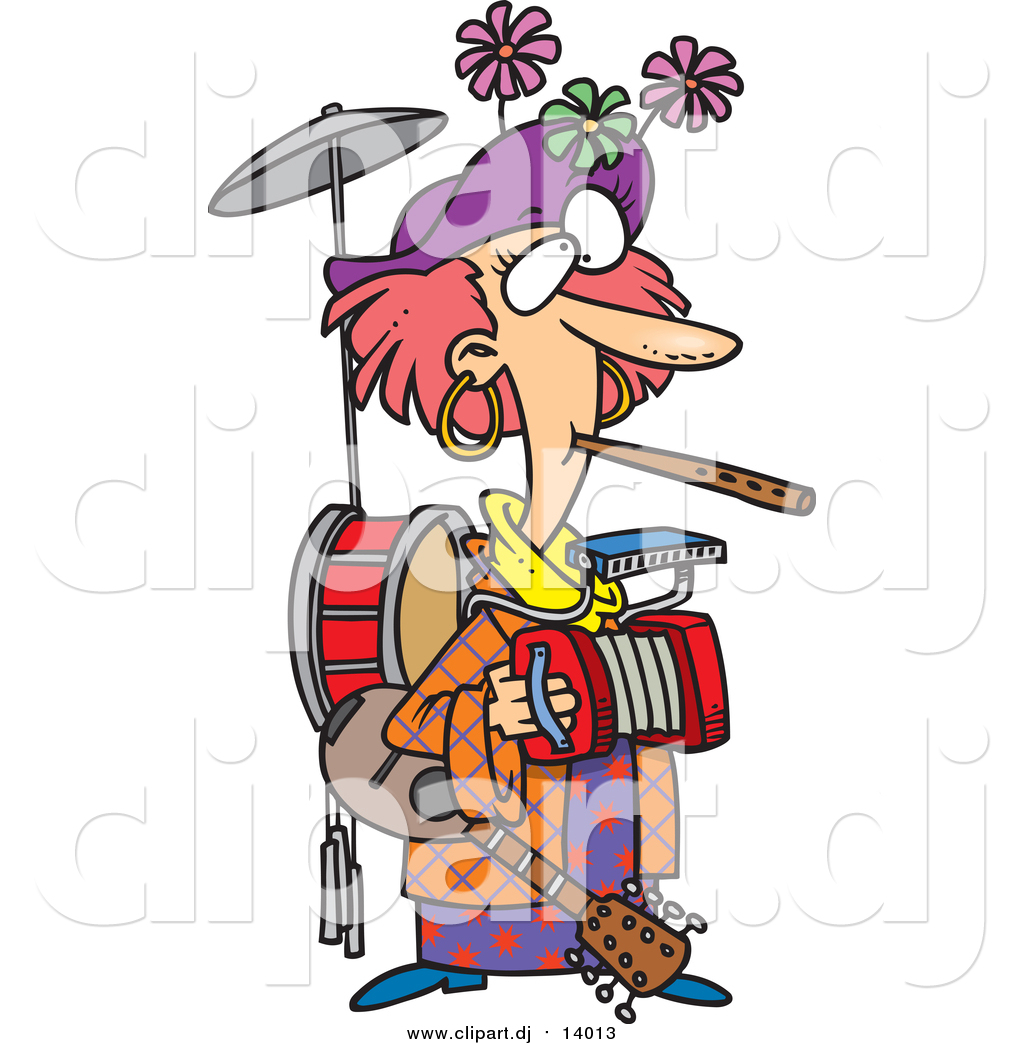 Cartoon Vector Clipart of a One Woman Band Musician by Ron Leishman