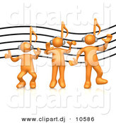 3d Cartoon Vector Clipart of a 3 Orange Music Note Head People Listening to Headphones by