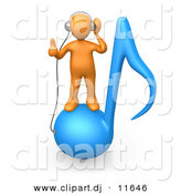 3d Clipart of a Orange Man Wearing Headphones While Standing on Blue Music Note by