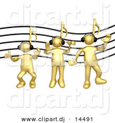 August 17th, 2012: 3d Vector Clipart of Gold Guys with Music Note Heads, Wearing Headphones by