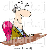 Cartoon Vector Clipart of a Happy Caucasian Businessman Listening to Music at His Desk by Toonaday