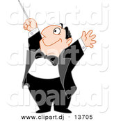 September 30th, 2015: Cartoon Vector Clipart of a Happy Chubby White Music Composer Man Holding His Arms and Baton up by Yayayoyo