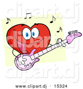 Cartoon Vector Clipart of a Smiling Love Heart Cartoon Character Playing Guitar by Hit Toon
