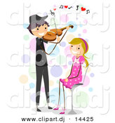 September 13th, 2012: Cartoon Vector Clipart of a Stick Figure Boy Playing Violin Love Music to a Happy Girl Sitting on a Stool by BNP Design Studio