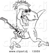 Cartoon Vector Clipart of a T-Rex Dinosaur Playing Guitar - Coloring Page Outline - Black and White by Toonaday