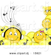 Cartoon Vector Clipart of Smiling Emoticons Wearing Headphones and Music Notes - Border Background Design with Blank Copyspace by BNP Design Studio