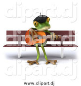 February 1st, 2014: Clipart of a 3d French Frog Playing a Guitar on a Bench by