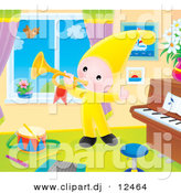 Clipart of a Cartoon Elf Playing a Horn in a Music Room by Alex Bannykh
