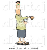 Clipart of a Cartoon Rushed Man Checking Time on Watch While Listening to Music on Mp3 Player by Djart