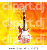 August 31st, 2012: Clipart of a Electric Guitar over Flaming Orange Yellow Background by