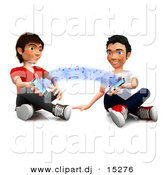 Clipart of Happy 3d Kids Sharing Music with Their Cell Phones by