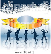 Clipart of Silhouetted Dancers on a Reflective Surface, with a Banner and Music Notes by