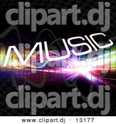 August 20th, 2012: Clipart of White Music Text Composited over Colorful Squares and Black Background by Arena Creative