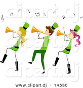 September 22nd, 2012: Vector Clipart of a Cartoon St. Patrick's Day Stick People Playing Trumpet Horns by BNP Design Studio