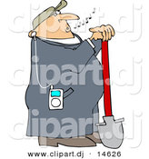 Vector Clipart of a Cartoon Worker Listening to Music at Work with a Shoval by Djart