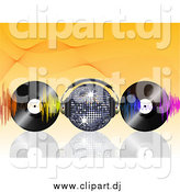 January 1st, 2014: Vector Clipart of a Disco Ball Wearing Headphones, Waves and Vinyl Records on Orange by Elaineitalia