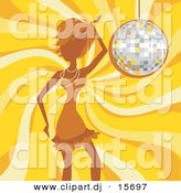 August 20th, 2012: Vector Clipart of a Girl Dancing over Yellow Swirling Background with Sparkling Disco Ball by Amanda Kate