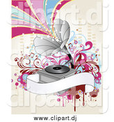 April 6th, 2014: Vector Clipart of a Gramophone with Starry Waves and a Blank Banner on Antique White by OnFocusMedia