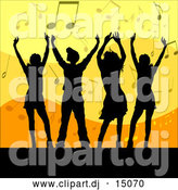 November 27th, 2013: Vector Clipart of a Group of Silhouetted Men and Women Dancing over an Orange and Yellow Background of Music Notes by KJ Pargeter