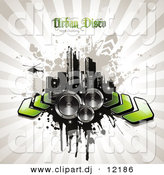 Vector Clipart of a Grunge City with Arrows and Speakers over Beige Bursing Background by