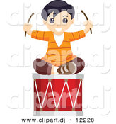 Vector Clipart of a Happy Boy Sitting on Large Musical Drum - Cartoon Styled Design by BNP Design Studio