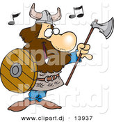 August 23rd, 2012: Vector Clipart of a Happy Cartoon Viking Singing with an Ax and Shield by Toonaday
