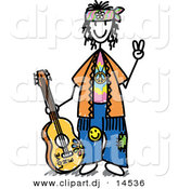 October 25th, 2012: Vector Clipart of a Happy Hippie Stick Figure Guy with a Guitar and Gesturing Peace Sign wIth His Hand by Frog974