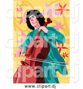 Vector Clipart of a Male Celloist over Yellow Floral by Mayawizard101