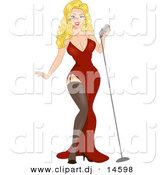 Vector Clipart of a Sexy Cartoon Retro Blond Pinup Girl Standing Beside a Microphone by BNP Design Studio