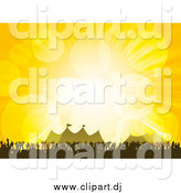 Vector Clipart of a Silhouetted Concert Crowd of Hands near Tents at a Festival, over Yellow with Flares by Elaineitalia