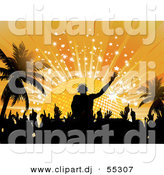 Vector Clipart of a Silhouetted DJ Mixing Music to a Crowd of People Dancing by Elaineitalia