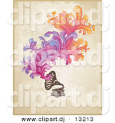 August 20th, 2012: Vector Clipart of a Vintage Phonograph with Colorful Swirling Floral Designs over Grunge Beige Background by