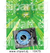 Vector Clipart of a Vinyl Record Playing in a Record Player over a Green Background Under a Shiny Disco Ball at a Party by Elaineitalia