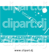 Vector Clipart of a White Clarinet Instrument over Sheet Music with a Moon and Stars over Teal by Xunantunich