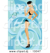 Vector Clipart of a Woman in a Bikini, Listening to Music over Blue by Mayawizard101