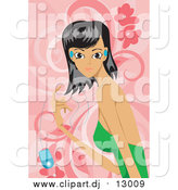 Vector Clipart of a Woman Listening to Music over Pink by Mayawizard101
