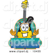 Vector of a Cartoon Guitar Above Blank Blue Green Banner by Mascot Junction