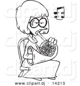 Vector of Cartoon Girl Playing a French Horn - Coloring Page Outline by Toonaday