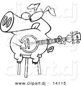 Vector of Cartoon Pig Sitting on a Stool and Playing a Banjo - Coloring Page Outline by Toonaday