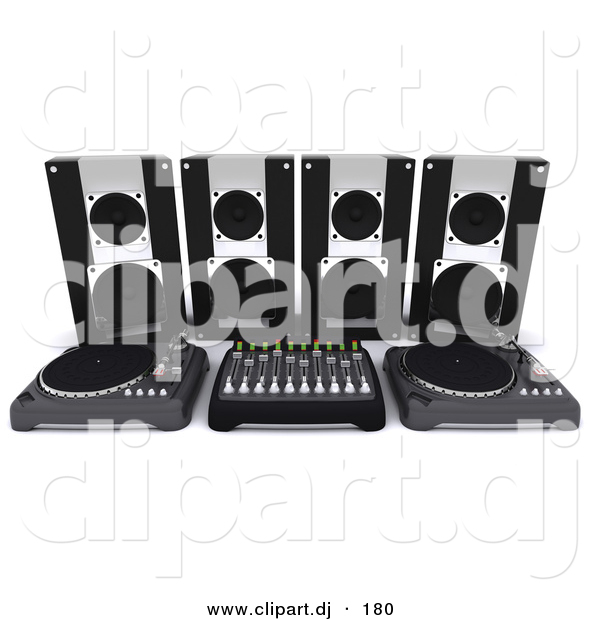 3d Clipart of a Dj Speakers Behind Dual Turn Tables and Equalizer