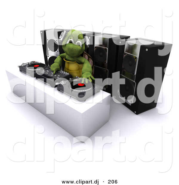 3d Clipart of a DJ Turtle Mixing Music with Speakers