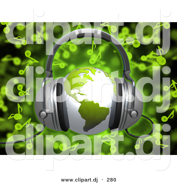 3d Clipart of a Green Globe Wearing Headphones over Green Music Notes Background