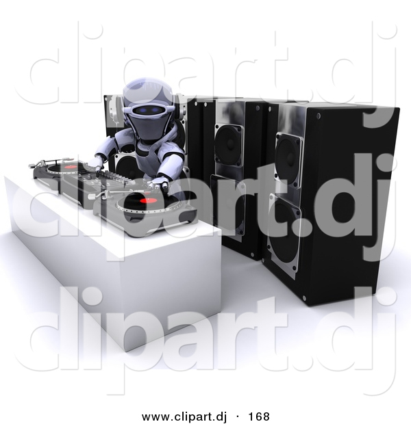 3d Clipart of a Robot Mixing Records on Turn Tables