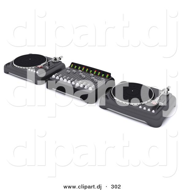 3d Clipart of a Turn Tables and Music Mixer Equipment