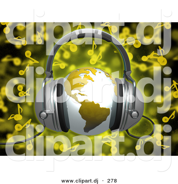 3d Clipart of a Yellow Globe Wearing Headphones over Yellow Music Notes Background