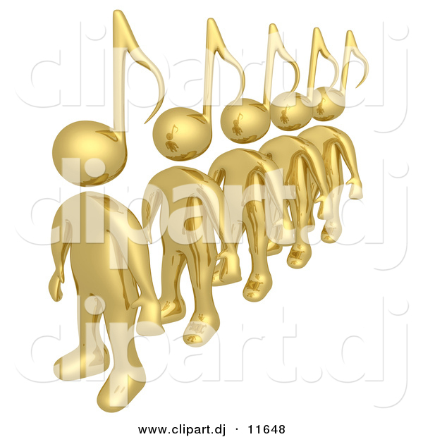 3d Clipart of Gold Men Featuring Music Note Heads While Standing in Single File Line