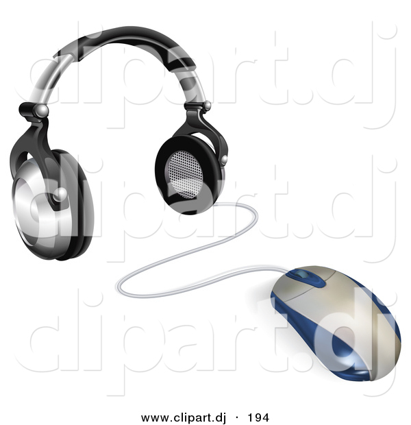 3d Vector Clipart of a Computer Mouse Wired to Headphones