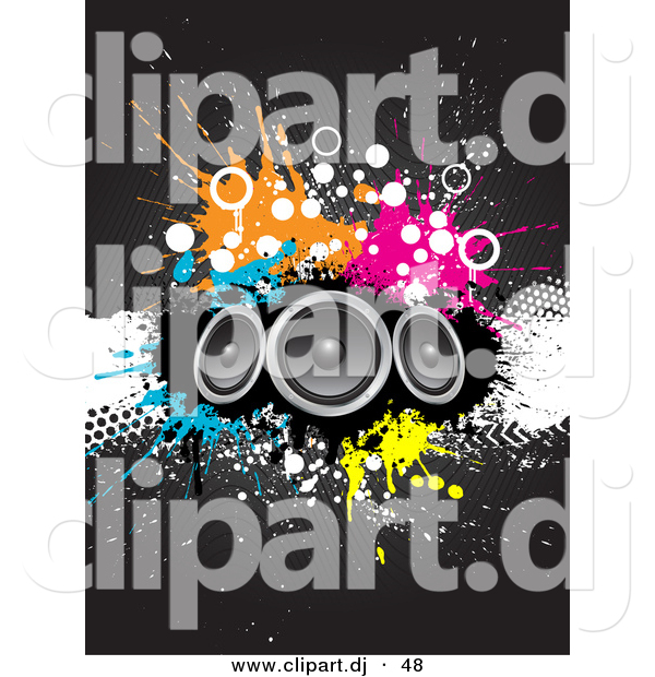 Cartoon Clipart of a 3 Big Speakers over Grunge Splatters on a Black Background