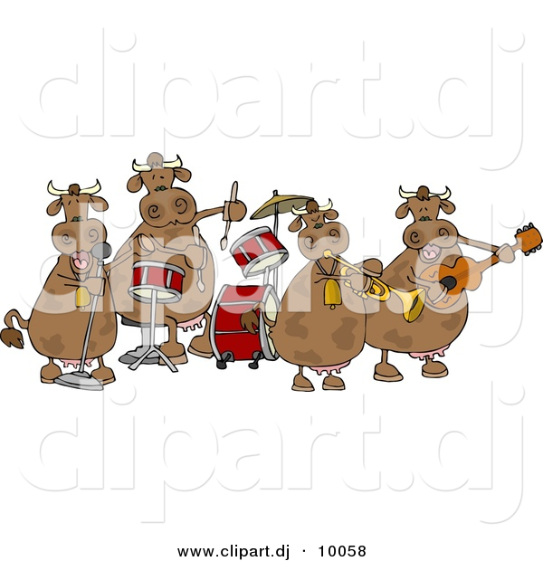 Cartoon Clipart of a Cartoon Cows Playing in a Music Band