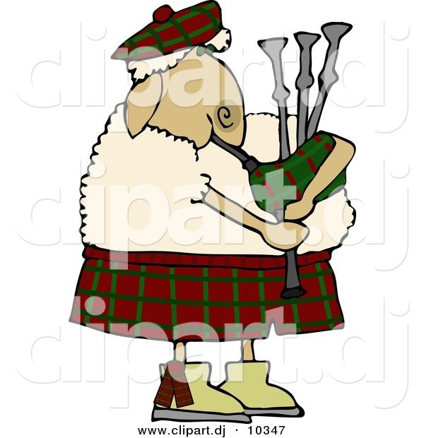 Cartoon Clipart of a Cartoon Scottish Sheep Playing a Bagpipe